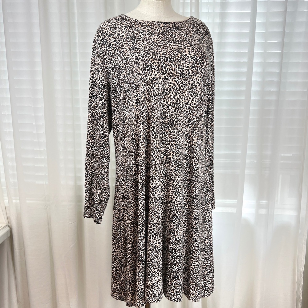 Old Navy Womens XL Leopard Print Long Sleeve Swing Dress cheetah stretch comfort
